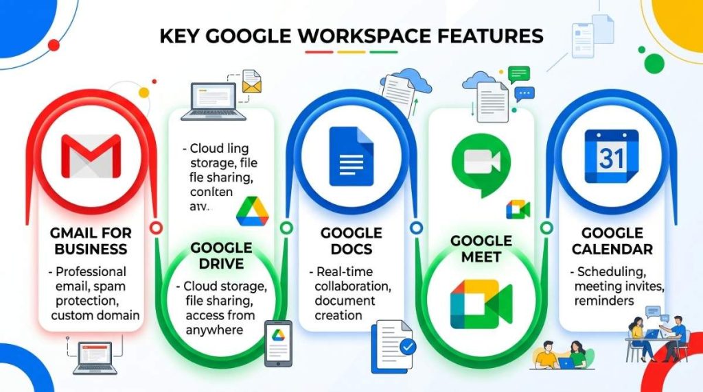 5 key Google Workspace features infographic - Gmail, Drive, Docs, Meet, Calendar with icons