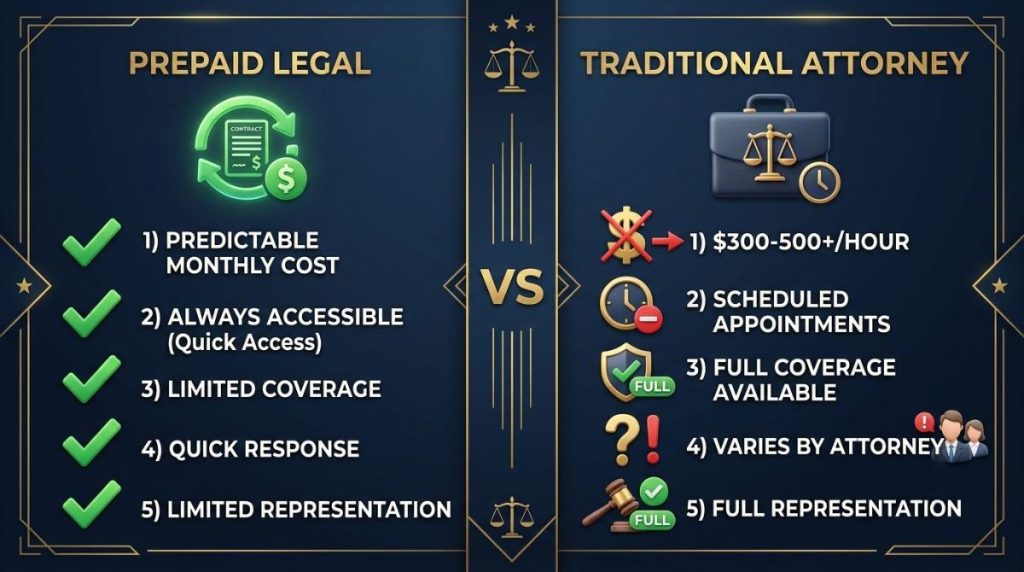 Prepaid Legal vs Traditional Attorney comparison - cost, accessibility, coverage, response, representation