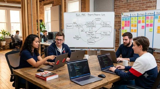 Software development team collaborating in modern office with Ruby on Rails code on laptops and MVC diagram Software development team collaborating in modern office with Ruby on Rails code on laptops and MVC diagram