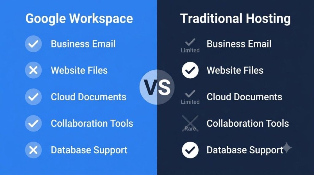 Google Workspace vs Traditional Web Hosting comparison infographic - email, files, docs, collaboration, database