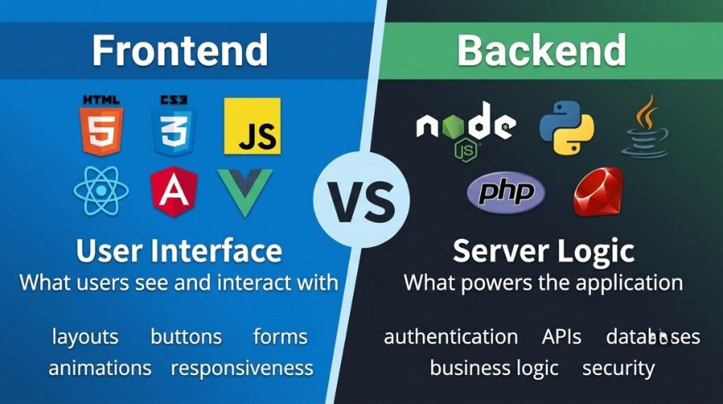 Frontend vs Backend comparison infographic - HTML CSS JS React vs Node Python Java PHP